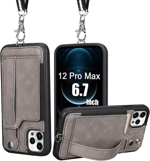 TOOVREN Wallet Case for iPhone 12 Pro Max Lanyard with Kickstand Leather Card Holder Adjustable Neck Strap, Phone Protective Back Cover for iPhone...
